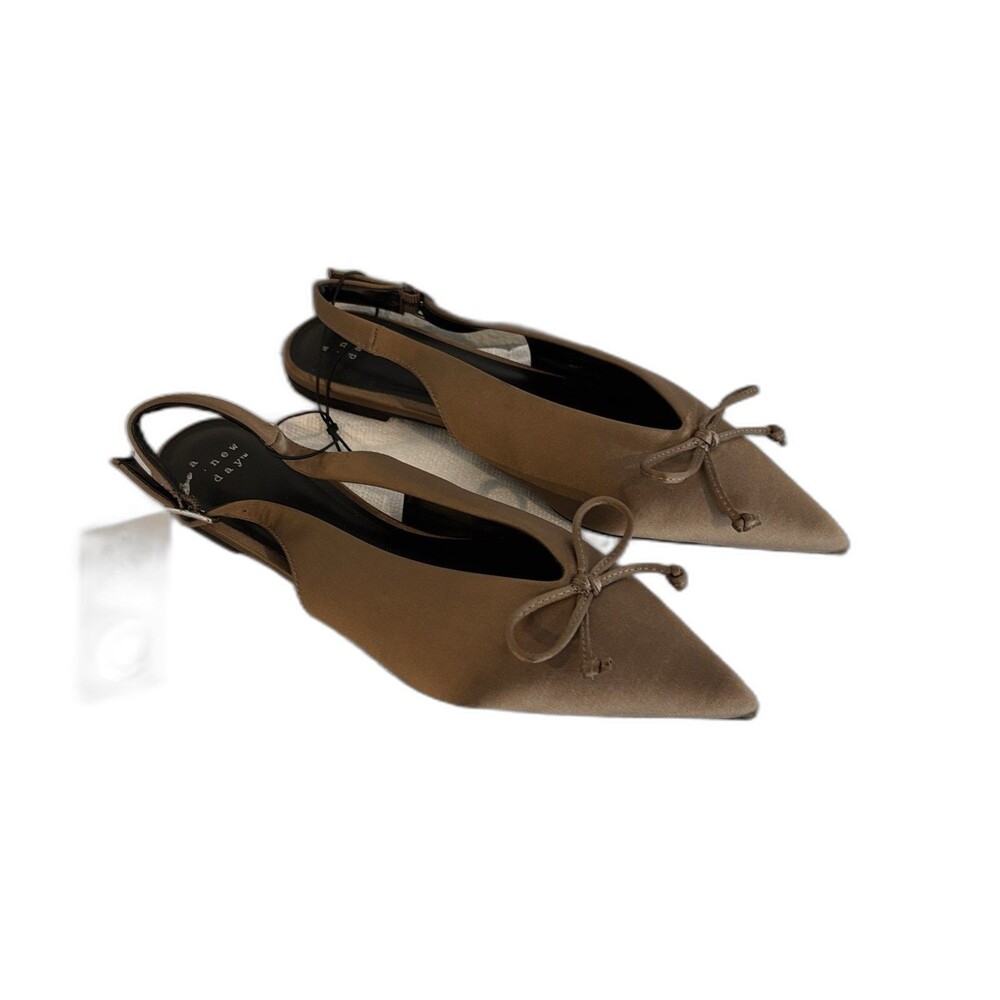 A New Day Women Taupe Satin Pointed Toe Slingback Bow Flats Size 7 NEW